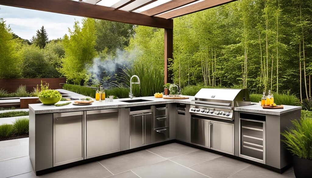Outdoor kitchen with stainless steel appliances and granite countertops set against a backdrop of lush greenery and bamboo. a wooden pergola looms overhead, and smoke drifts from a grill.