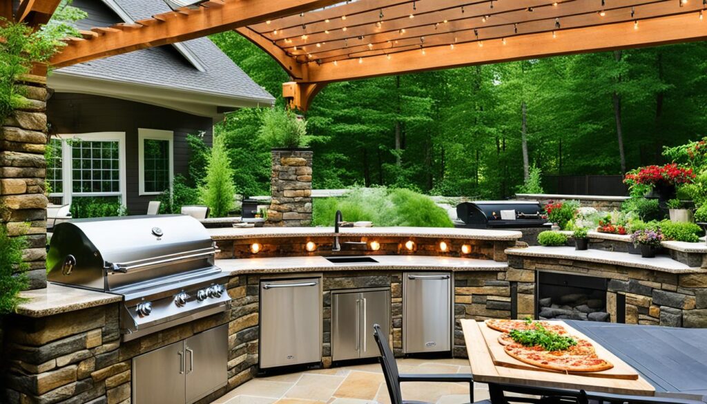 An outdoor kitchen with a stone fireplace, stainless steel grill, and appliances under a wooden pergola, surrounded by lush greenery. a wood table with pizza is visible.