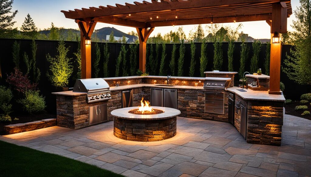 A luxurious outdoor kitchen and dining area during sunset, featuring a stone-built grill station, a fire pit, and a pergola, set against a backdrop of lush trees and distant mountains.